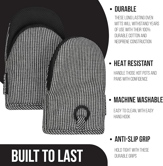 Frigidaire Layla 2-Pack Cotton and Neoprene Mini Oven Mitts, Heat Resistant, Anti-Slip, Machine Washable, 5.25" x 8", Black, Set of 2