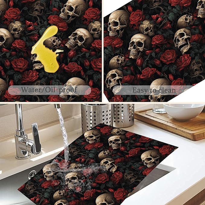Skull Rose Placemats Set of 6,Washable Heat Resistant 12×18 Inch Linen Table Mats Floral Place Mats for Party Outdoor Dining Décor