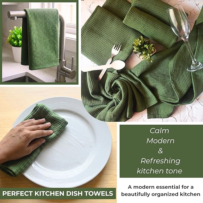 Highly Absorbent Cotton Dish Towels for Drying - Set of 6 Sage Green Kitchen Towels - 18"X28" Lint Free Waffle Weave Cloth Linen Hand Bathroom Bulk Dishtowels