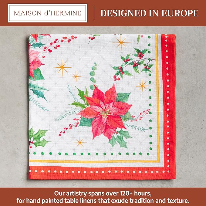 Maison d' Hermine Cloth Napkins Set of 4 100% Cotton for Thanksgiving Christmas Decorations Everyday Reusable Square Fall Napkins Cloth Washable Dinner Party (Poinsettia Christmas, 20"x20")