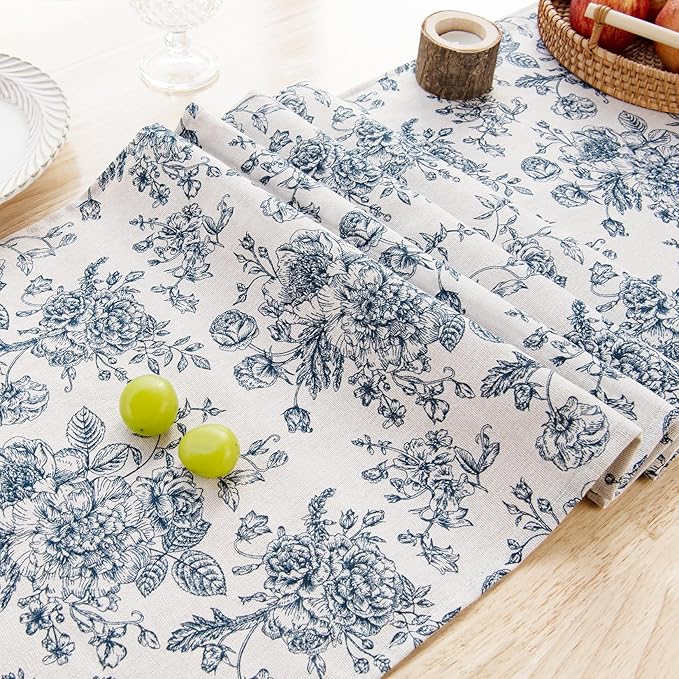 Linen Floral Table Runners 90 Inches Long- French Country Blue Flower Print Dining Table Runner 14 x 90 Inch for Holiday Kitchen Home Party Decor,Vintage Flower