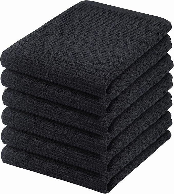 PurpleEssences Waffle Weave Kitchen Towel, 100% Cotton - 15x25 Inches with Hanging Loop, Ultra Soft Absorbent Quick Drying Dish Cloth, Tea and Hand Towels, 6 Pack - Spring Easter Summer - Black