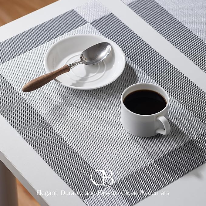 Placemats Set of 4 - Easy Clean Woven Vinyl Placemats for Dining Table, Indoor/Outdoor Place Mats, Washable PVC Table Mats （Silver Cube）