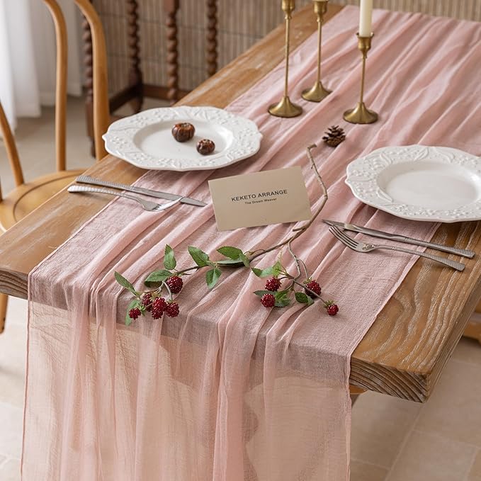 Keketoarrange 6pcs Dusty Pink Gauze Rustic Cheesecloth Table Runner 120 Inch 10 FT for Wedding Baby Shower Bridal Shower Birthday Engagement Garden Outdoor Party Long Sheer Boho Decorations