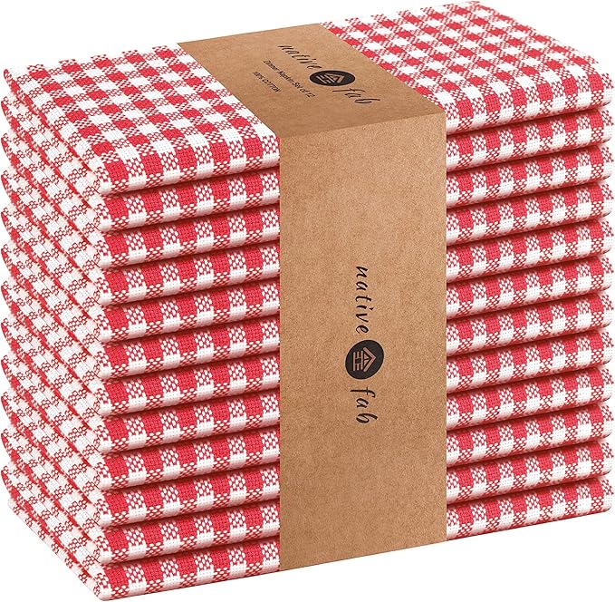 Native Fab Red Gingham Mini Check Cloth Dinner Napkins - 16x16 inches, Set of 12, Soft, Absorbent, Cotton Napkins - Reusable Fabric Napkins for Everyday Use, Lunch, Wedding, Gift, Christmas - Red