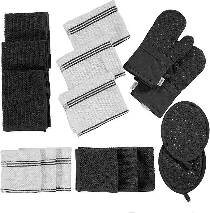 LANE LINEN 16-Piece Kitchen Towels & Dishcloths Set – Heat Resistant Silicone Oven Mitts, Pot Holder & Absorbent Terry Dish Towels – Black