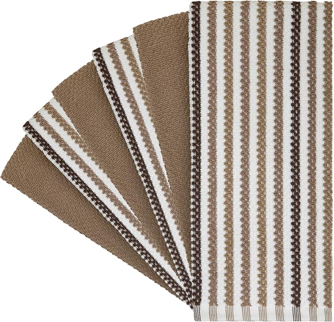 Premium Kitchen Towels (16”x 26”, 6 Pack) | Large Cotton Kitchen Hand Towels | Popcorn Striped Design | Dish Towels | 430 GSM Highly Absorbent Tea Towels Set with Hanging Loop | Tan
