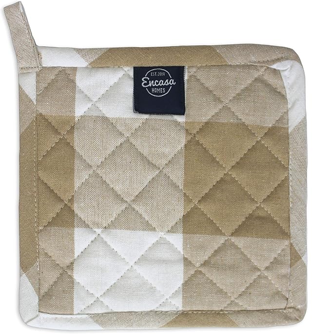 Encasa XO 8 inches Oven Microwave Potholders (2 pc Set) for Kitchen Cooking & Baking - Heat Resistant, Thick & Safe, Protection of Hands from Hot Utensils - Buffalo Beige Checks