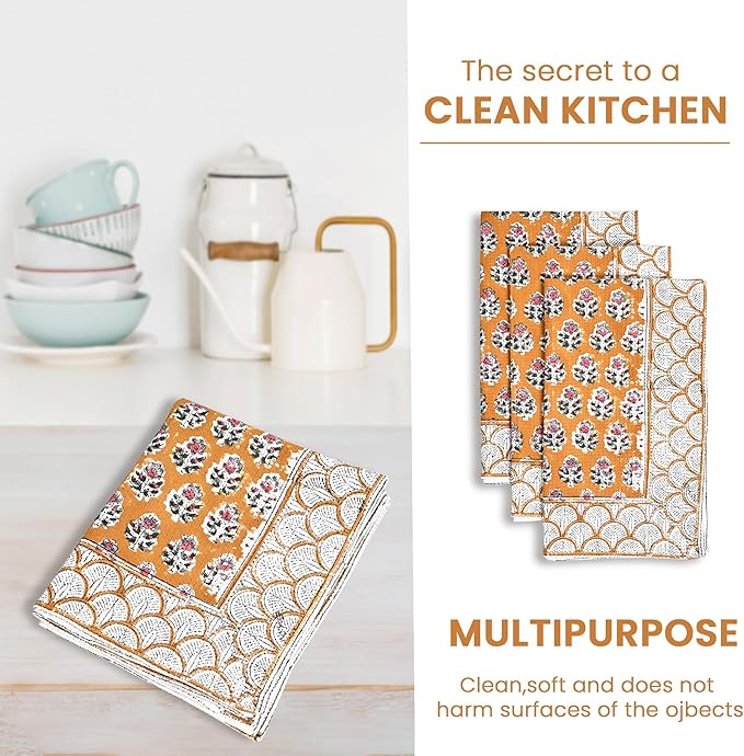 CPC Citrine Yellow Hand Block Print Waffle Kitchen Towel Set of 3-16 x 28 Inch Ultra Absorbent Quick Dry Cotton Dish Towels Lightweight Reusable Sustainable Tea Towels for Cleaning and Drying