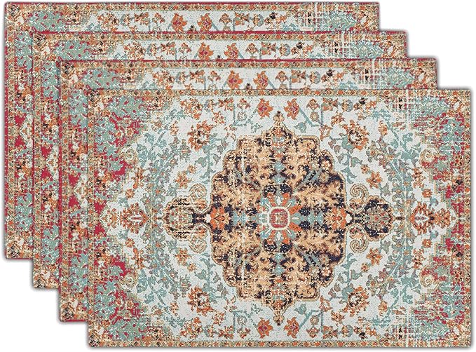 aportt Ethnic Boho Placemats Set of 4 Bohemian Carpet Vintage Black Coral Floral Linen Washable Kitchen Dining Table Mats Stain Heat-Resistant Desktop Decor Place for Home Party Indoor 12x18 in