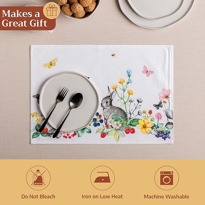 Maison d' Hermine Placemats Set of 4 100% Cotton Washable Cloth Place Mats Reusable Table Mats for Kitchen Dining Party Wedding Gifts for Mothers Day Spring/Summer (Printemps, 13" x 19")