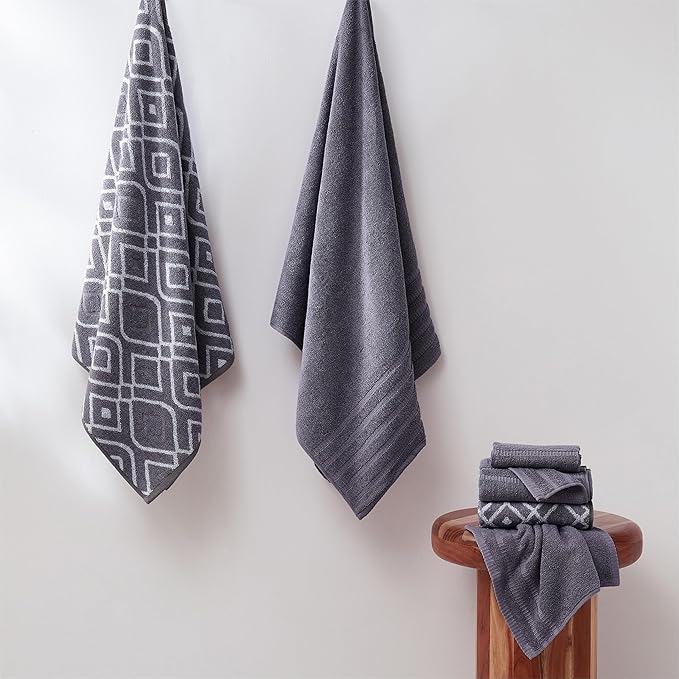 Modern Threads Classic Diamond 6-Piece 100% Cotton Towel Set – Yarn Dyed Jacquard – Includes 2 Bath Towels, 2 Hand Towels, 2 Washcloths – Absorbent, Quick Dry, Soft & Durable – Purple