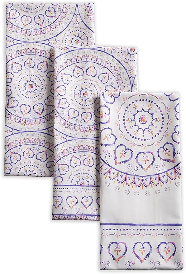 Maison d' Hermine Kitchen Towels Set of 3 100% Cotton 27.50" x 20" Reusable Cloth Tea Dish Towels Absorbent with Hanging Loop for Kitchen Gifts for Mothers Day Spring/Summer (Mandala)