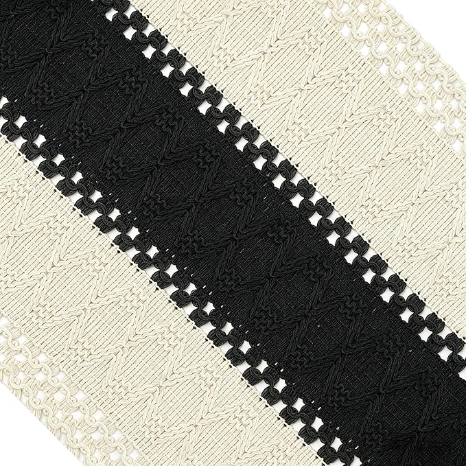 Boho Table Runner for Home Decor with Tassels 72 Inches Long , Farmhouse Rustic Black Table Runners for Bohemian Kitchen Dining Table(12x72in)