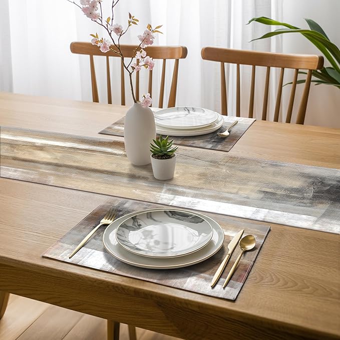 Brown and Gray Table Runner and Placemats Set of 6 Farmhouse Washable Linen Place Mats Rustic Abstract Art Table Decor for Kitchen Dining Coffee Outdoor Party (Brown and Gray, 13"x71"+12"x18")