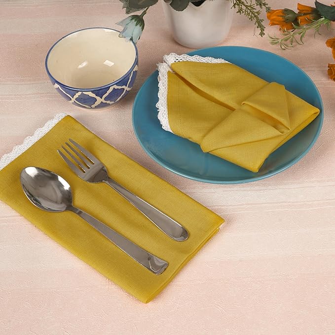 FINGERCRAFT Dinner Cloth Napkin Cotton Linen Blend 12 Pack Mitered Corners with Elegant Lace for Everyday Use Napkins are Pre Shrunk and Good Absorbency 20in x 20in, Gold Easter Color