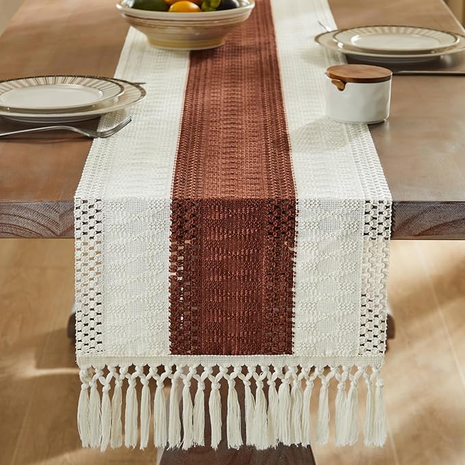 ZeeMart Macrame Style Bicolor Stitching Table Runner, 14 x 90 Inch Terracota/Ivory, Boho Rust Table Runners 90 Inches Long, Farmhouse Woven Home Decor