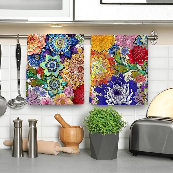 Boho Floral Kitchen Dish Towels Decorative Set of 4, Colorful Kitchen Stuff Hand & Tea Towels for Cleaning Drying, Baking Cooking Lover Gifts for Chef Cooks Women, Housewarming Gifts for Women
