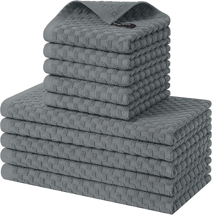 Homaxy 100% Cotton Kitchen Towels and Dishcloths Set, 12 x 12 & 15 x 25 Inches, Set of 10 Bulk Terry Cloth Dish Towels, Super Soft and Absorbent Hand Towel with Hanging Loop, Dark Grey