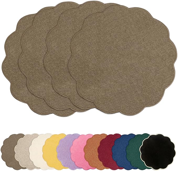 AHHFSMEI Round Faux Linen Placemats Set of 4 Heat Resistant Non-Slip Stain Proof Table Mats for Kitchen Dining Elegant Decor Place Mats (Brown,4)