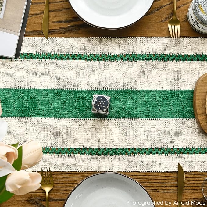 Artoid Mode Dark Green Farmhouse Woven Rustic Table Runner, Seasonal Holiday Hollow Kitchen Dining Table Decoration for Home Party Decor 12x48 Inch