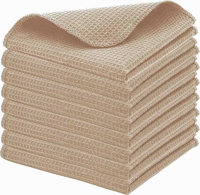 PurpleEssences Dish Cloths and Dish Rags - 8 Pack Waffle Weave Solid Kitchen Dish Wash Cloths, 100% Cotton, 12x12 Inches, Ultra Soft Absorbent Quick Drying - Spring Easter Summer - Beige