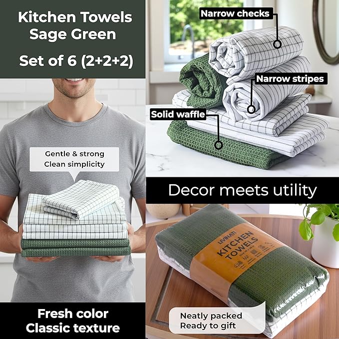 Highly Absorbent Cotton Kitchen Towels for Drying Dishes - Set of 6 Dish Towels - Narrow Sage Green Stripes Plaid Waffle Dishtowels - 18"X28" Large Lint Free Linen Tea Hand Bulk T Towls