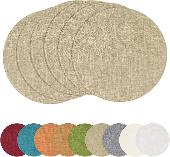 homing 15 Inch Round Cloth Placemats Set of 6, Cotton Linen Blend Washable Table Mats, Farmhouse Dining Place Mats for Indoors & Outdoors, Easy to Clean, Linen