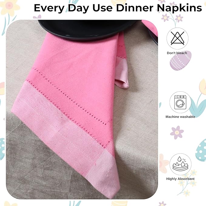 HOMIDATE Cotton Cloth Dinner Napkins Set of 12 – 20x20 Pink Multi Double Hemstitched – Machine Washable Fabric Napkins for Weddings, Parties & Dining Tables