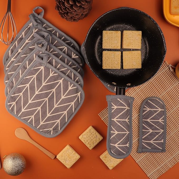 Heat Resistant Potholders Hot Pads-6 Kitchen Pot Holders Set with 2 Pan Hot Handle Holders Trivet for Cooking and Baking,with Recycled Infill Terrycloth Lining(Grey,8 Piece)