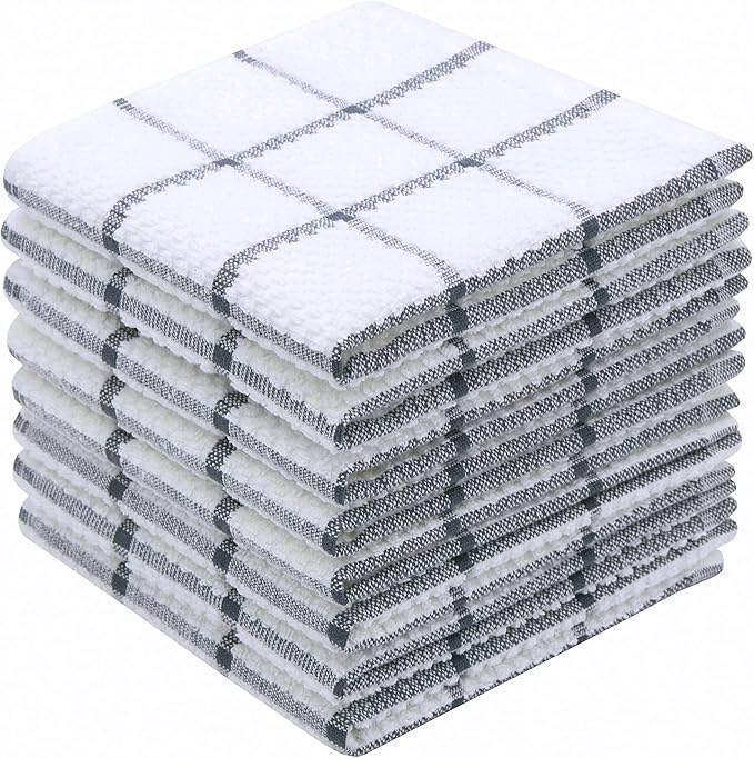 Cotton Cleaning Rags Terry Dish Cloths for Washing Dishes, Set of 8 Dish Rags for Cleaning, Light and Soft Dish Towels for Kitchen Drying Dishes, 12 Inch x 12 Inch (Grey Plaid)
