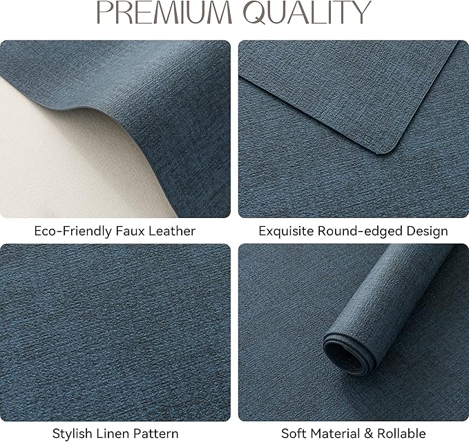 Romanstile Vinyl Placemats Set of 4-12 X 17 Inch - Faux Leather 100% Waterproof Oil-Proof Wipeable Place Mats, Heat Resistant Reversible PU Table Mats for Kitchen Dining Party Outdoor, Navy Blue