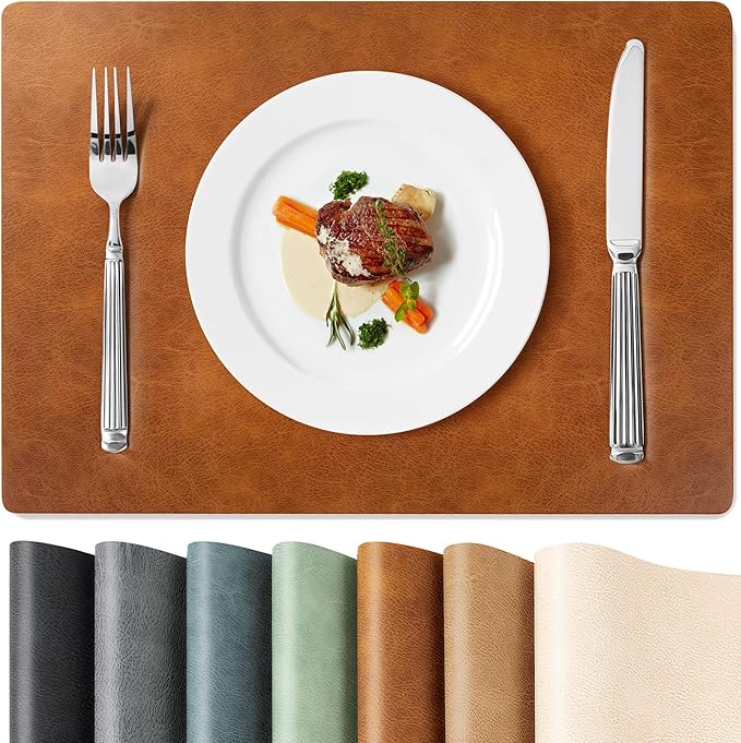 Roxifina Vinyl Placemats Set of 4 - Faux Leather Waterproof Washable PU Place Mats, Heat Resistant 12 x 17 Inch Easy Clean Wipeable Non-Slip Table Mats for Dining, Kitchen, Outdoor (Reddish Brown)