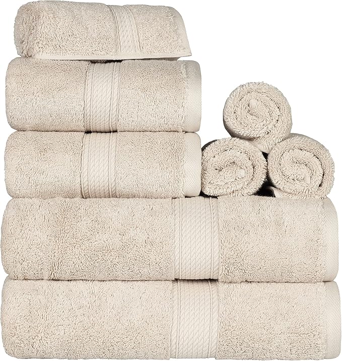 SUPERIOR Egyptian Cotton Pile 8 Piece Towel Set, Includes 2 Bath, 2 Hand, 4 Face Towels/Washcloths, Ultra Soft Luxury Towels, Thick Plush Essentials, Guest Bath, Spa, Hotel Bathroom, Cream