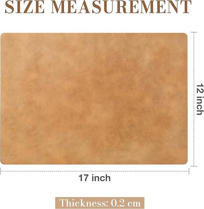 Roxifina Faux Leather Placemats Set of 6 - Vinyl Placemats Wipeable Waterproof Oil-Proof PU Place Mats Heat Resistant Reversible Table Mats for Dining, Kitchen, Outdoor, 12 x 17 Inch (Camel)