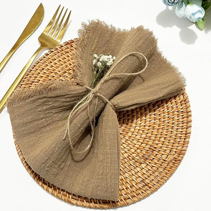24Pack Coffee Cloth Napkins 17x17Inch Coffee Napkins Cloth with Fringe Soft Cotton Cloth Napkins Washable Rustic Dinner Napkins Cloth for Wedding Party Dinner Table