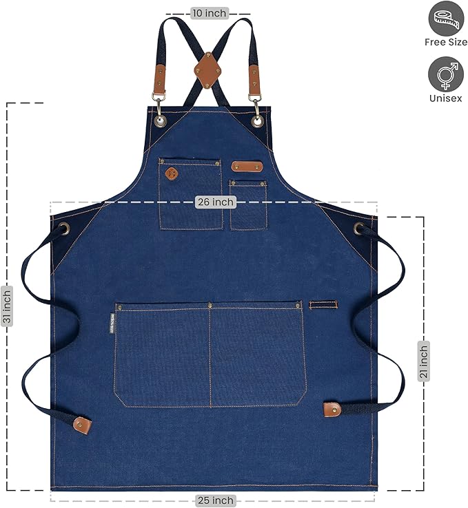Chef Apron, Recycled Cotton Kitchen Apron with an Adjustable Neck with Long Ties, for cooking, baking