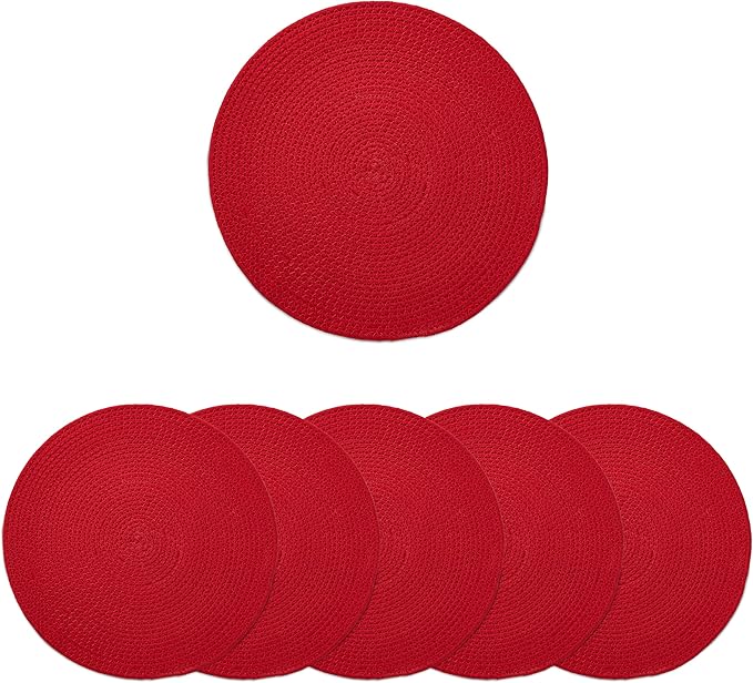 Encasa XO Dining Placemats Set of 6 | Cotton Round Table Mat - 13 in Diameter | Red | Handmade Rib Style Chargers for Dinner Plates