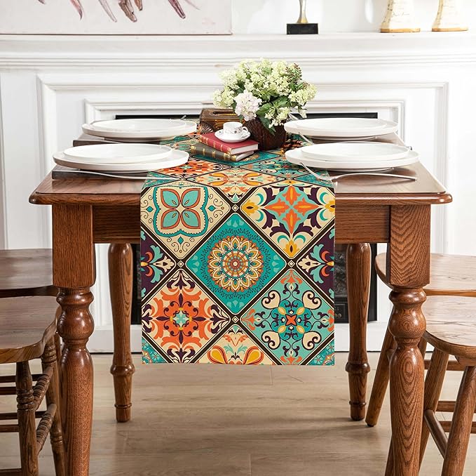 Boho Bohemian Table Runner 72 Inches Long, Vintage Seasonal Table Runners for Party Kitchen Dining Coffee Table Bedroom Dressers Indoor Outdoor, Machine Washable (Bohemian B, 13” x 72”)