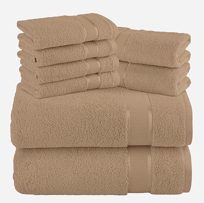 Elegant Comfort Premium Cotton 8-Piece Towel Set, Includes 4 Washcloths, 2 Hand Towels and 2 Bath Towels, 100% Turkish Cotton - Highly Absorbent and Super Soft Towels for Bathroom, Taupe