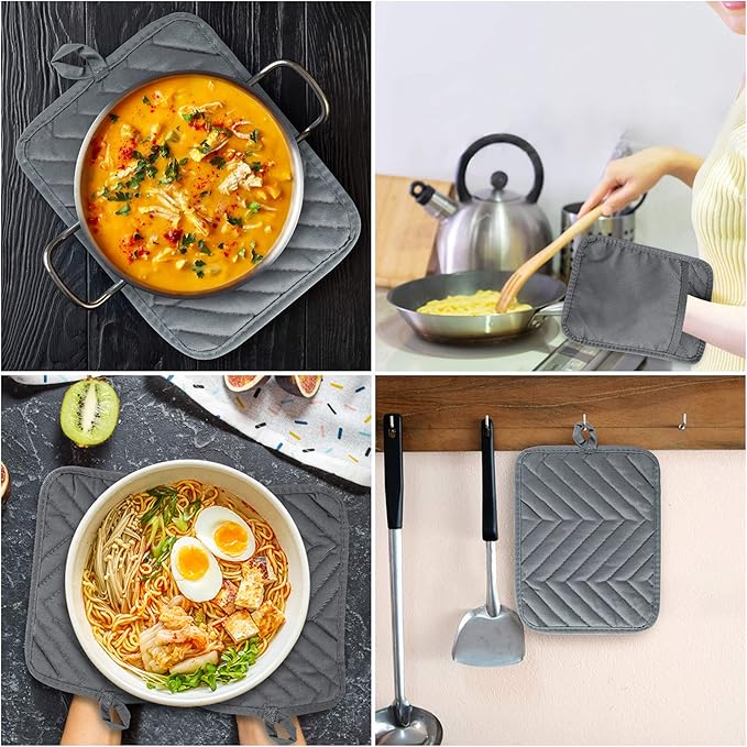 R HORSE 6Pcs Pot Holder with Pocket Grey Cotton Pocket Pot Holder Set for Kitchen Heat Resistant Potholder Terry Cloth Coaster Kitchen Hot Pad Oven Mitts Pads Trivet for Baking Cooking 7''x9''