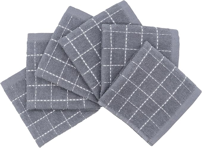 Cotton Terry Dish Cloths, Absorbent Dish Towels for Kitchen Drying, Soft Wash Cloths Multipurpose Dish Rags for Washing Dishes, 12 x 12 Inches, Set of 6 (Grey)