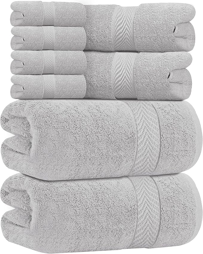 Oakias Premium Towel Set 600 GSM 8 Piece Silver - 100% Ring Spun Cotton Highly Absorbent Towels Set - Super Soft Bathroom Towel Set - Hotel Quality Double Stitched Hem - Ideal for Hotels, Spa, Gym