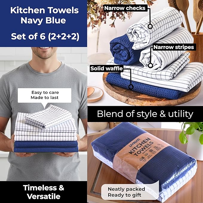 Highly Absorbent Cotton Kitchen Towels for Drying Dishes - Set of 6 Dish Towels - Narrow Navy Blue Stripes Plaid Waffle Dishtowels - 18"X28" Large Lint Free Linen Tea Hand Bulk T Towls