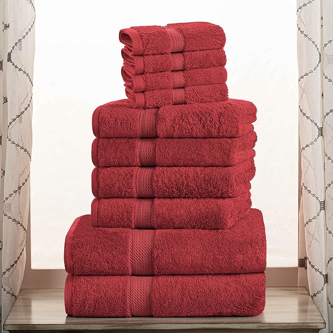 Superior Egyptian Cotton Pile 10 Piece Towel Set, Includes 2 Bath, 4 Hand, 4 Face Towels/ Washcloths, Ultra Soft Luxury Towels, Thick Plush Essentials, Guest Bath, Spa, Hotel Bathroom, Red