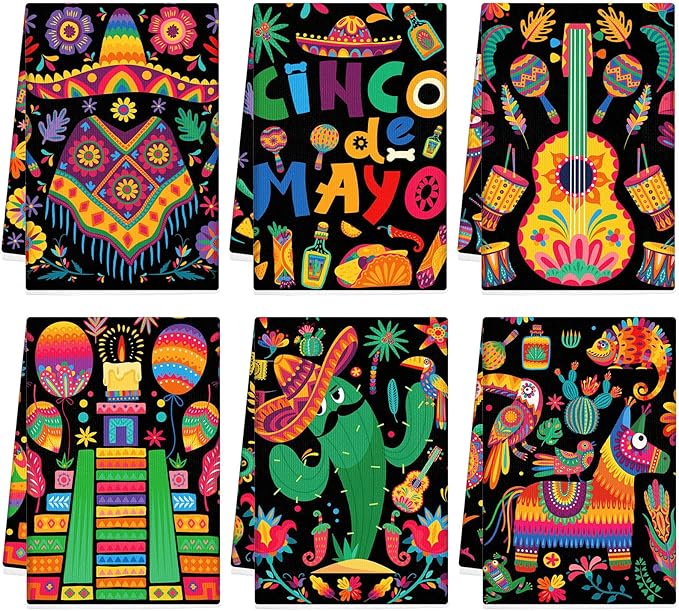 Breling Set of 6 Mexican Kitchen Towels Floral Dish Towel Cinco De Mayo Bathroom Decorative Rustic Cloths Tea Towels for Kitchen Bathroom Home Housewarming Gifts, 14 x 21 Inch