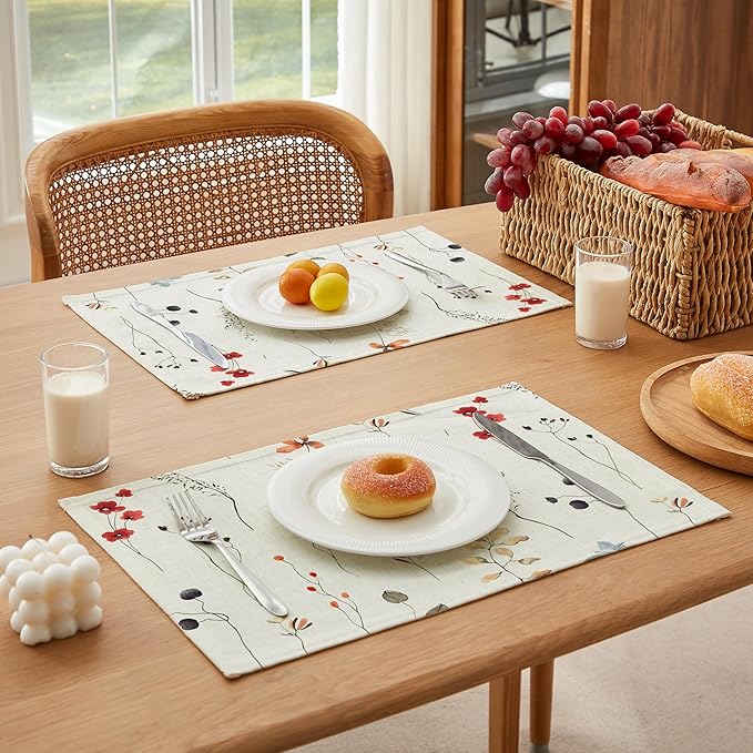 LilyCat Linen Fabric Floral Placemats, Waterproof Durable Boho Dining Table Mats for Kitchen, Rustic Vintage Washable Place Mats Set of 4, 18’’× 12’’