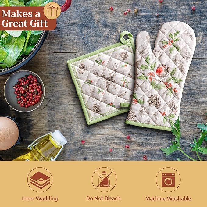 Maison d' Hermine 100% Cotton Oven Mitt & Pot Holder Set (7.5"x13" & 8"x8") Heat Resistant BBQ Cooking Gloves with Loop for Thanksgiving Christmas Decorations Handling Hot Pans (Christmas Dew)
