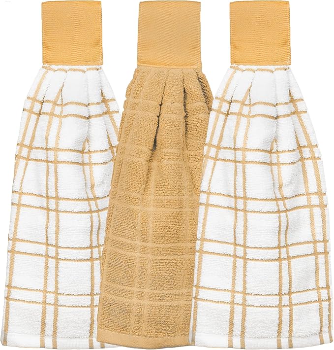 Ritz Premium 100% Cotton Solid and Multi Check Kitchen Tie Towel Absorbent, Super Soft, and Fast Drying Hang Towel, Set of Three, Straw
