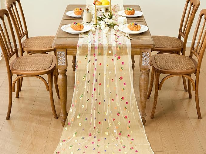 YATOJUZI Champagne Table Runner Embroidery Daisy Summer Floral Decorations Seasonal Tulle Dining Table Runners for Home Kitchen Decor Wedding Shower Party